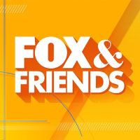 Text 'FOX & FRIENDS' on an orange background with abstract lines.